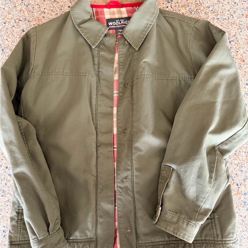 Woolrich Olive Utility Jacket with Red Plaid Lining